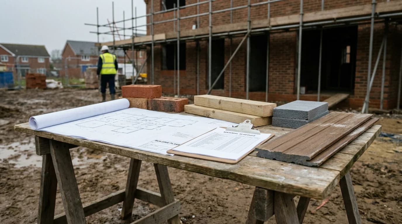 A printed material schedule next to building plans and product samples