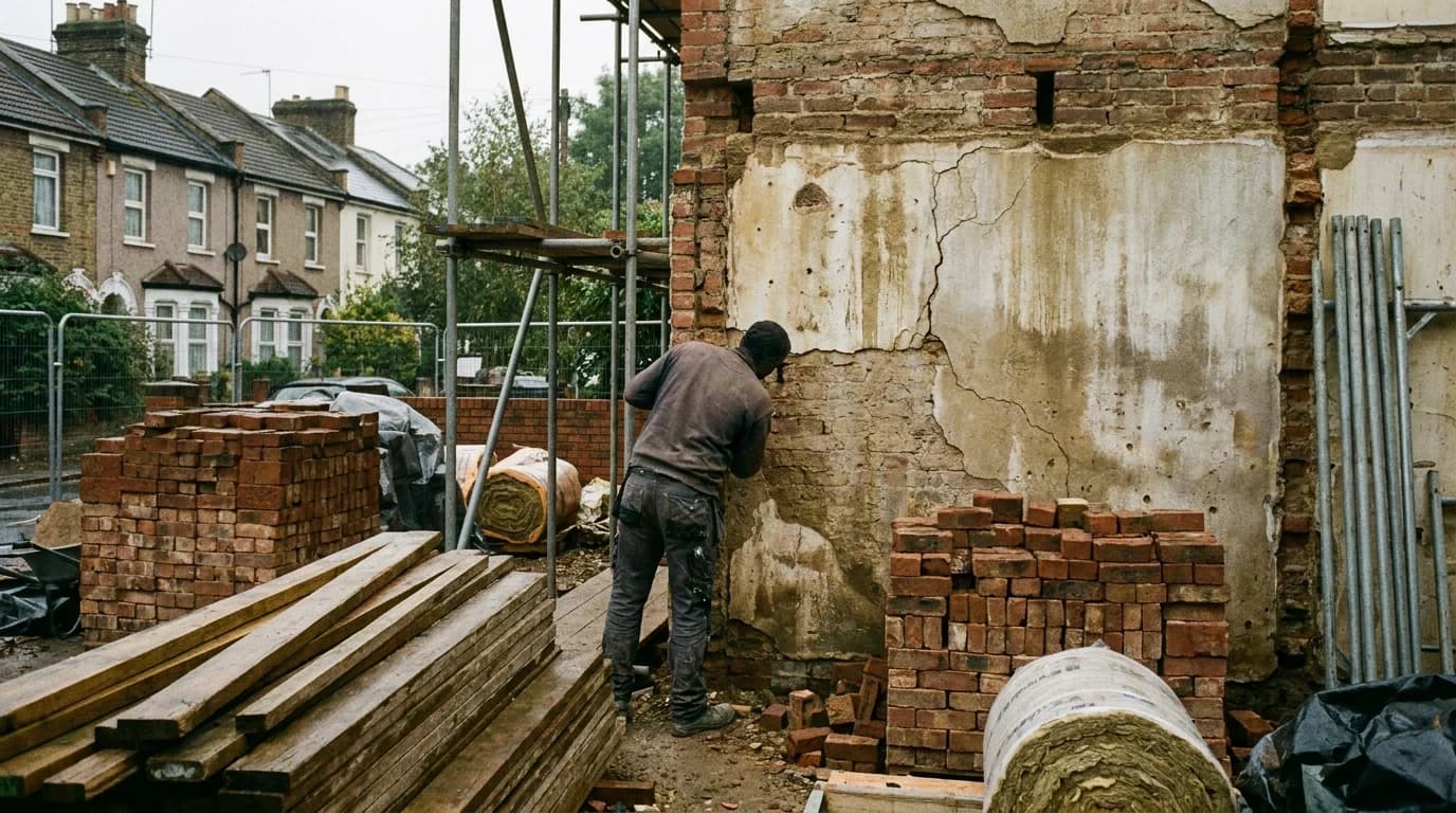 A homeowner inspecting a wall with visible cracks and poor plastering