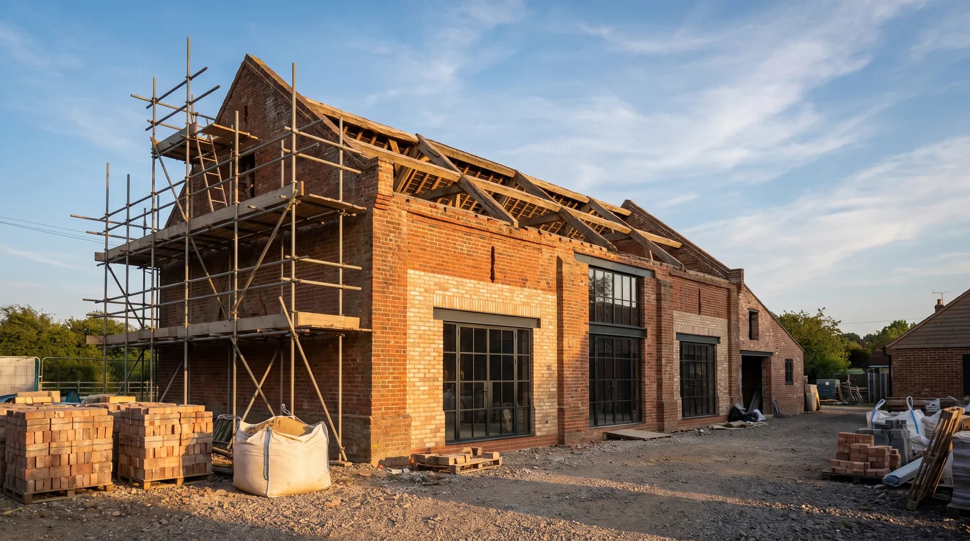 Barn conversion to holiday let under construction in Egham showing fresh brickwork and stacked cement bags on site