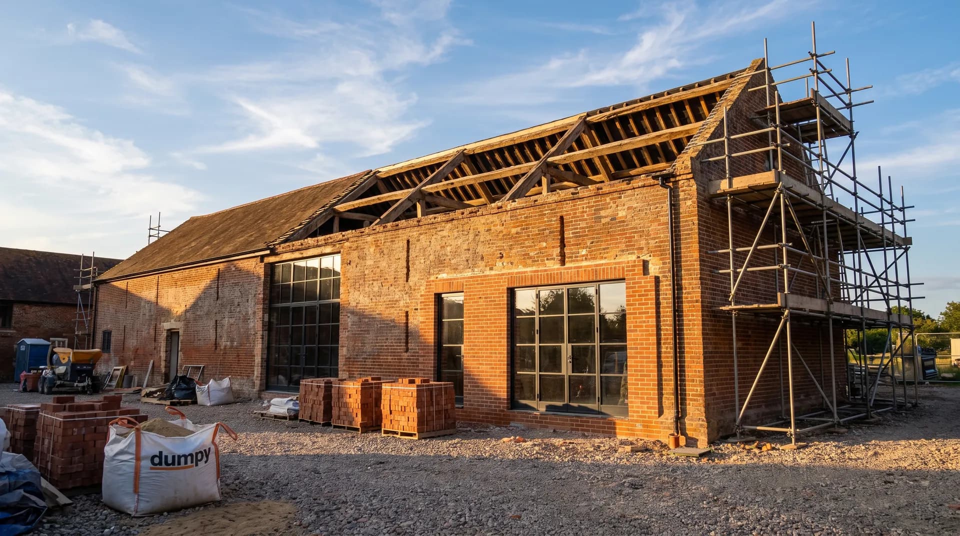 Barn conversion to holiday let under construction in Slough showing fresh brickwork and stacked cement bags on site