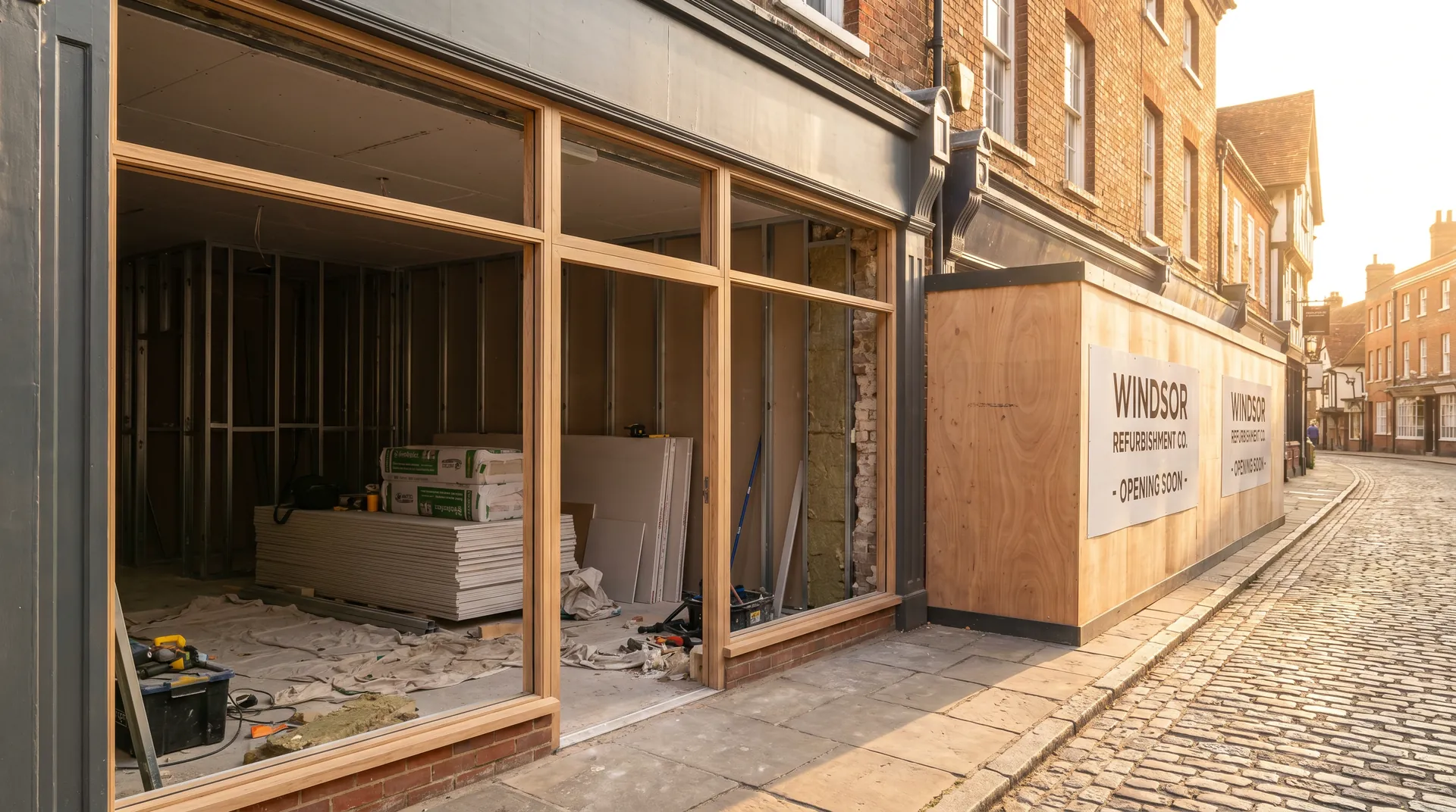 Retail unit fit-out in Windsor showing new shopfront framing and a drylined interior