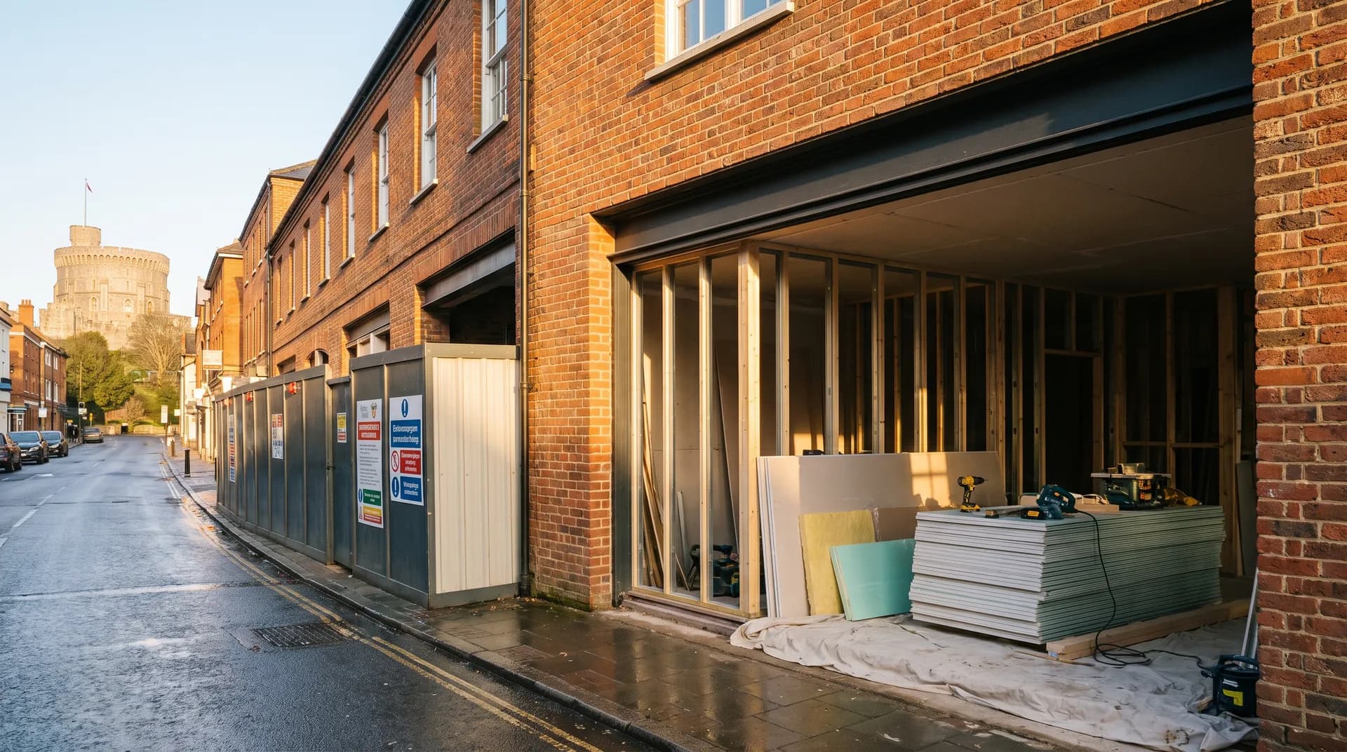 Warehouse conversion in Windsor showing new brick infill and glazed office frontage