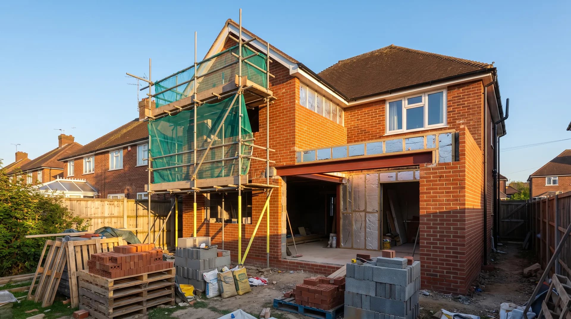 Two-storey rear extension under construction in Camberley showing fresh brickwork and stacked cement bags on site