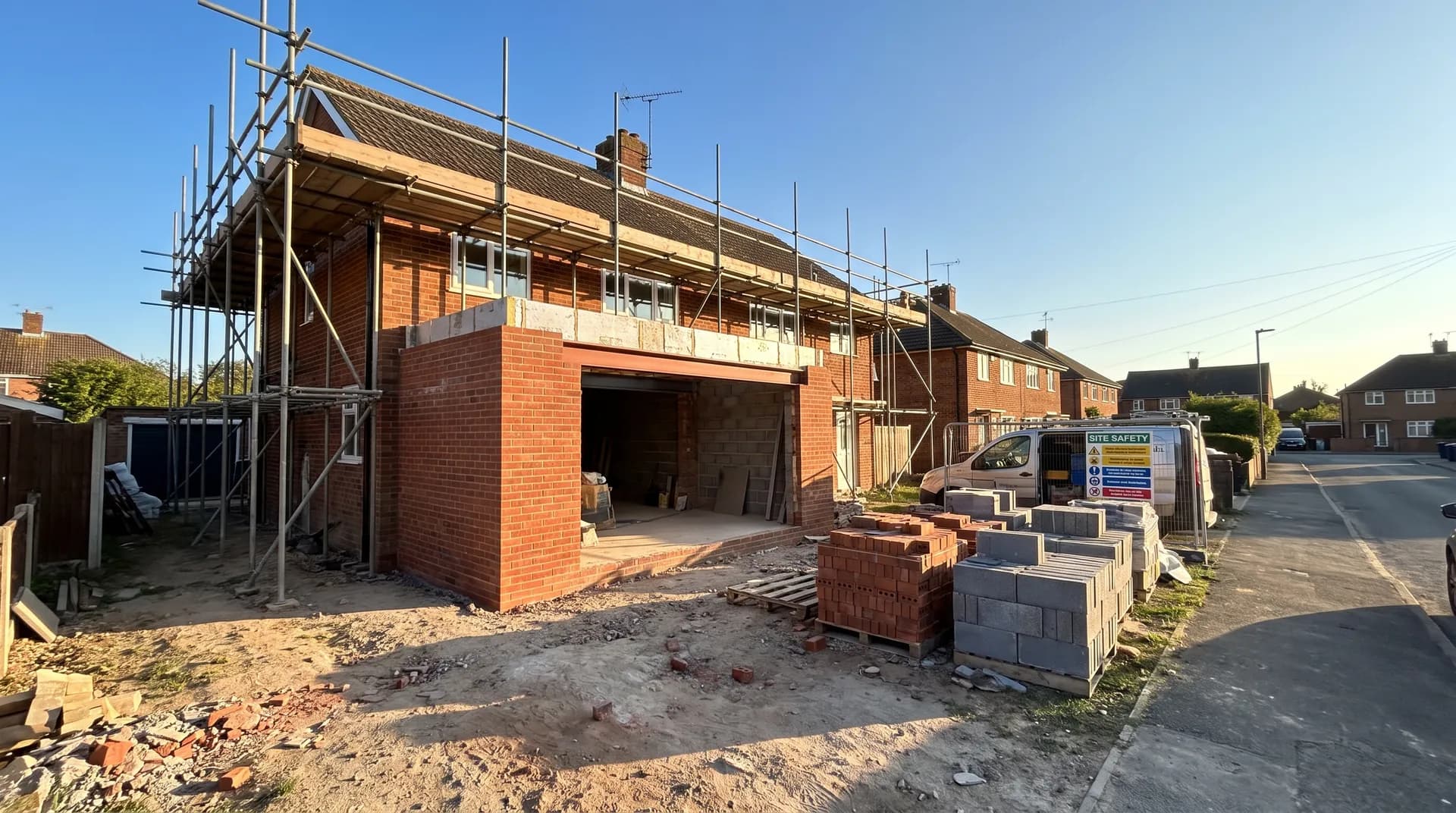 Front porch extension under construction in Thame showing matching brickwork and a pitched roof