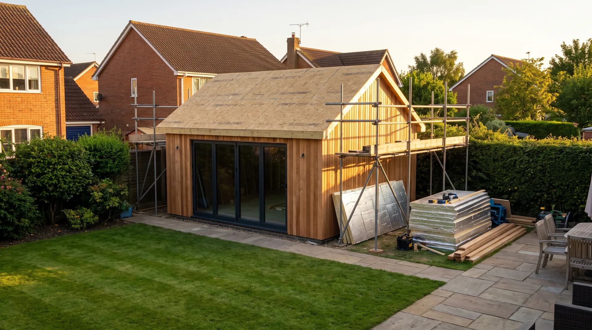 Garden annex with ensuite under construction in Didcot showing fresh brickwork and stacked cement bags on site