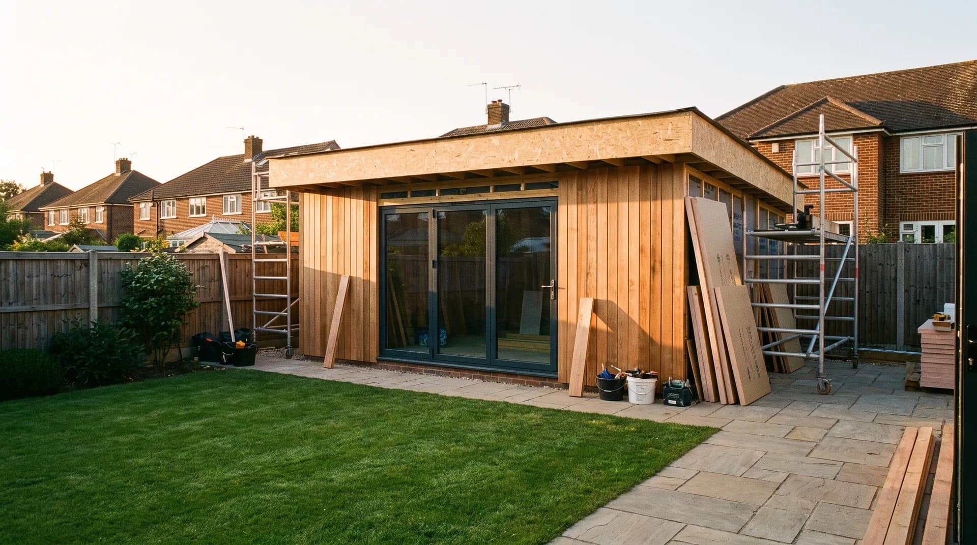 Garden studio with kitchenette in Farnham showing rendered walls and bi-fold doors