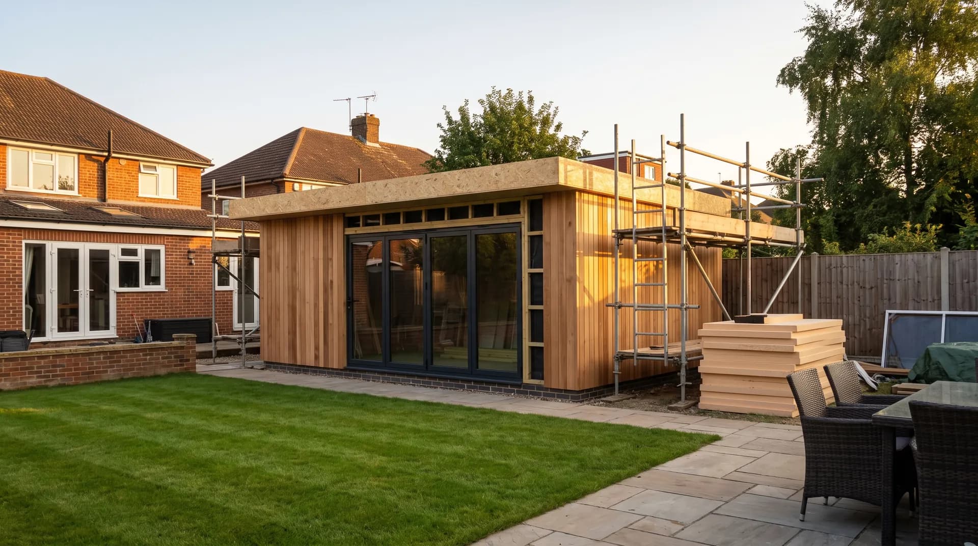 Garden office outbuilding under construction in Hayes showing rendered walls and a flat roof