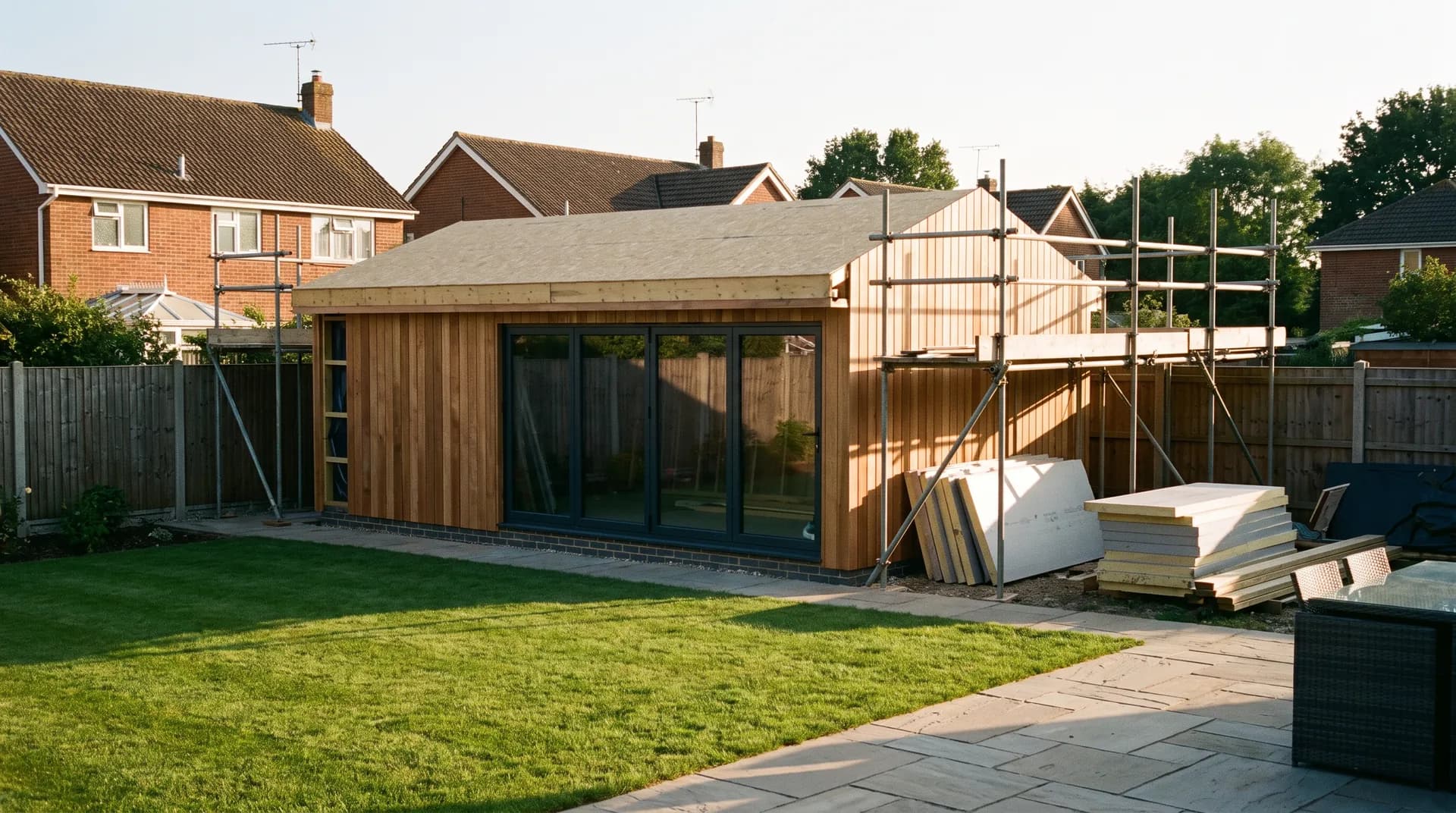 Garden office outbuilding in Hungerford showing cedar cladding and large corner window