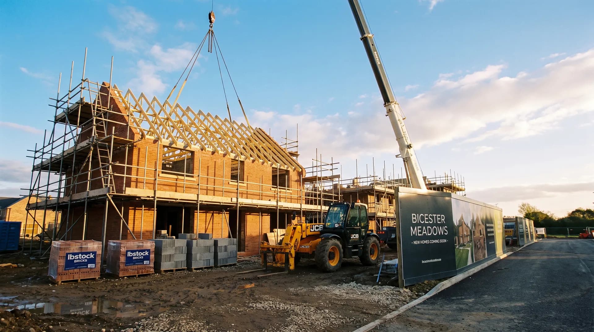 New-build show home under construction in Bicester showing fresh brickwork and stacked cement bags on site