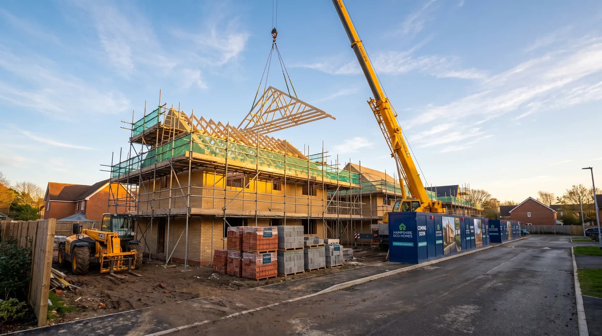 New-build eco-home under construction in Fleet showing fresh brickwork and stacked cement bags on site