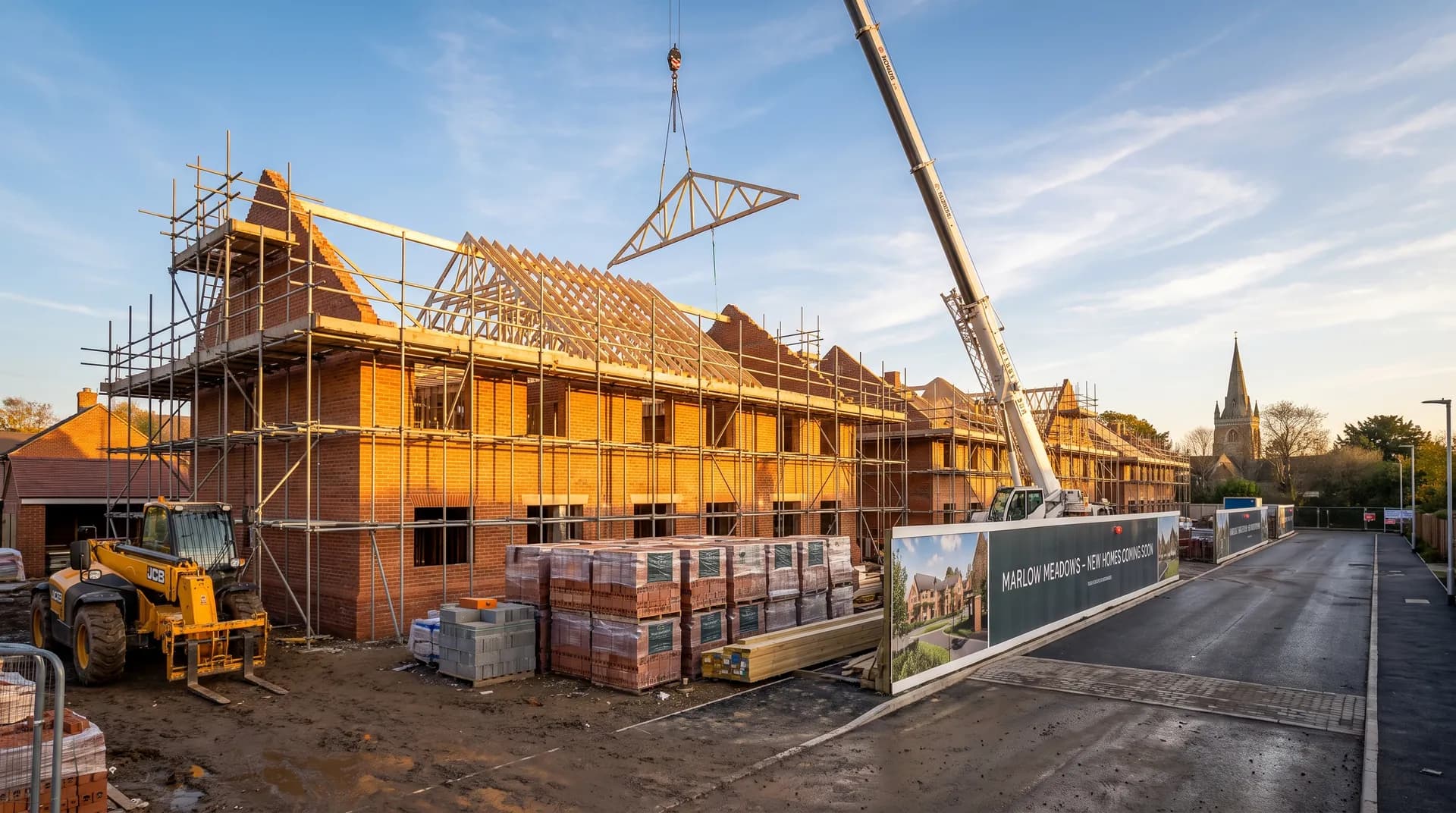 New-build terraced house under construction in Marlow showing brickwork and sash windows