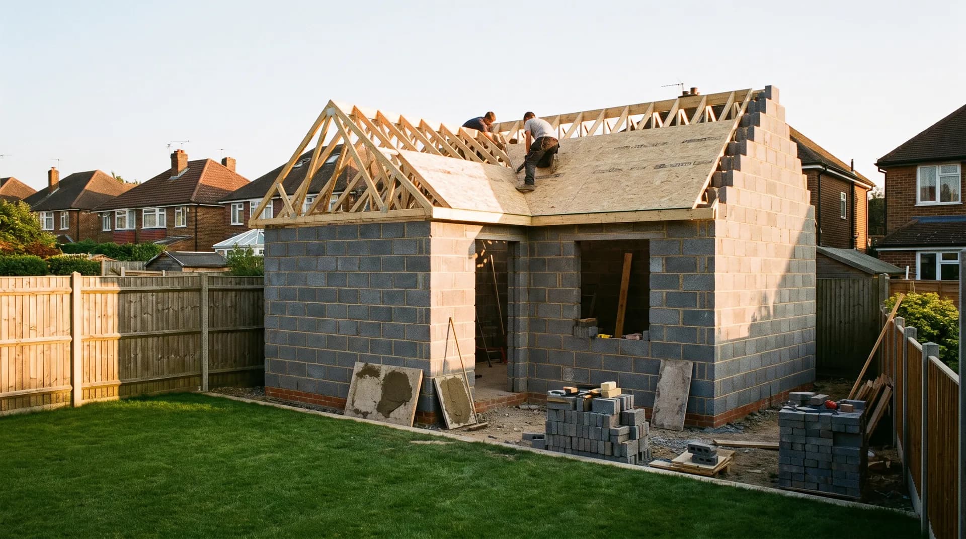 Workshop outbuilding in Egham with blockwork walls and slate-look roof