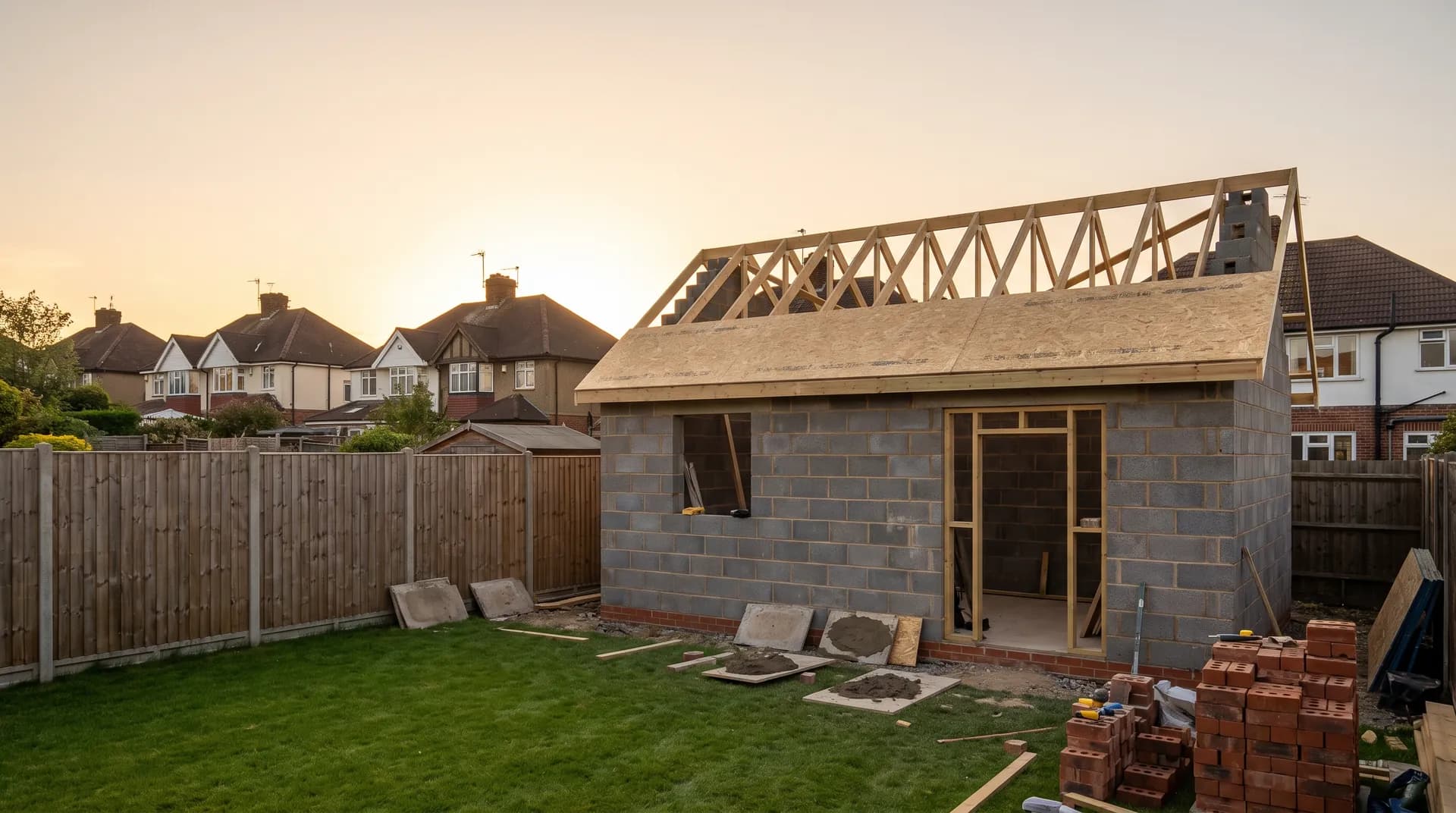 Workshop outbuilding under construction in Oxford showing fresh brickwork and stacked cement bags on site