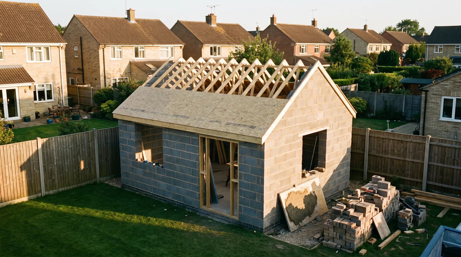 Workshop outbuilding under construction in Witney showing fresh brickwork and stacked cement bags on site