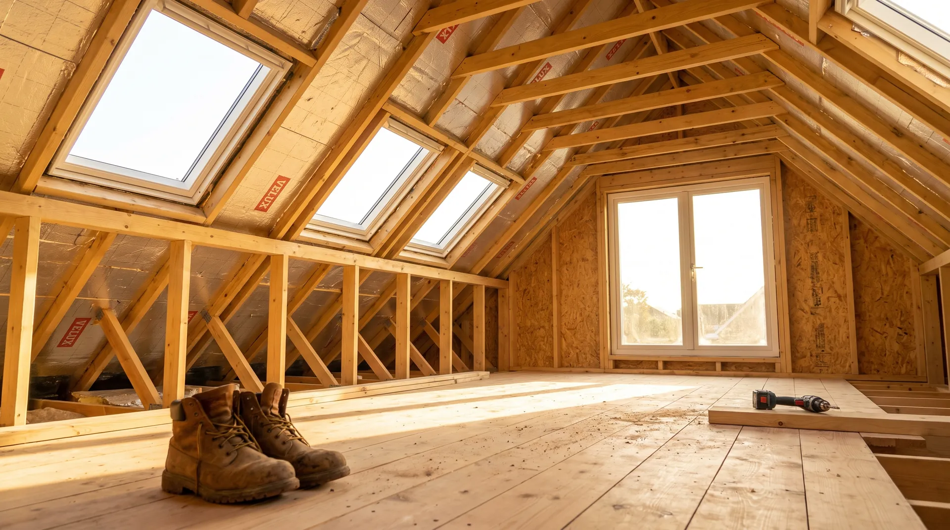Loft conversion with rear dormer in a Reading semi-detached house showing fresh C24 timber framing and PIR insulation