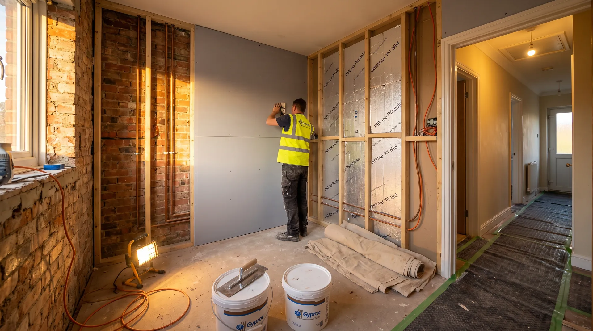 Bathroom refurbishment in Basingstoke showing new moisture-resistant plasterboard and tiled walls