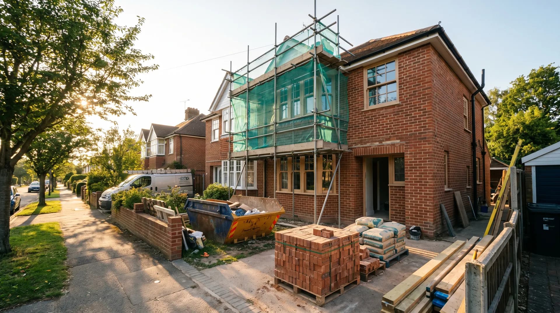 1930s semi renovation under construction in Farnham showing fresh brickwork and stacked cement bags on site