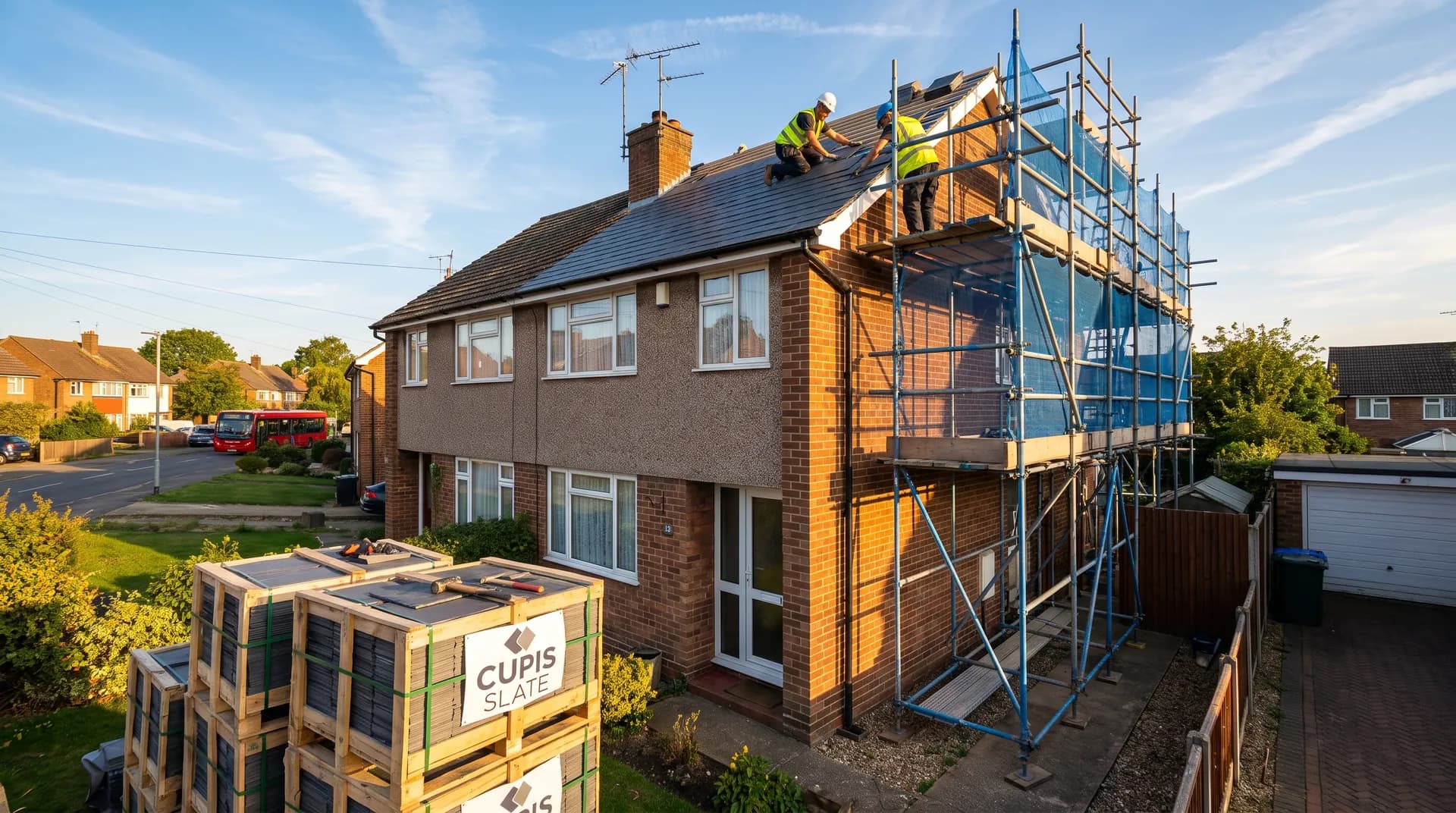 New natural slate roof being laid on an Aylesbury semi-detached house