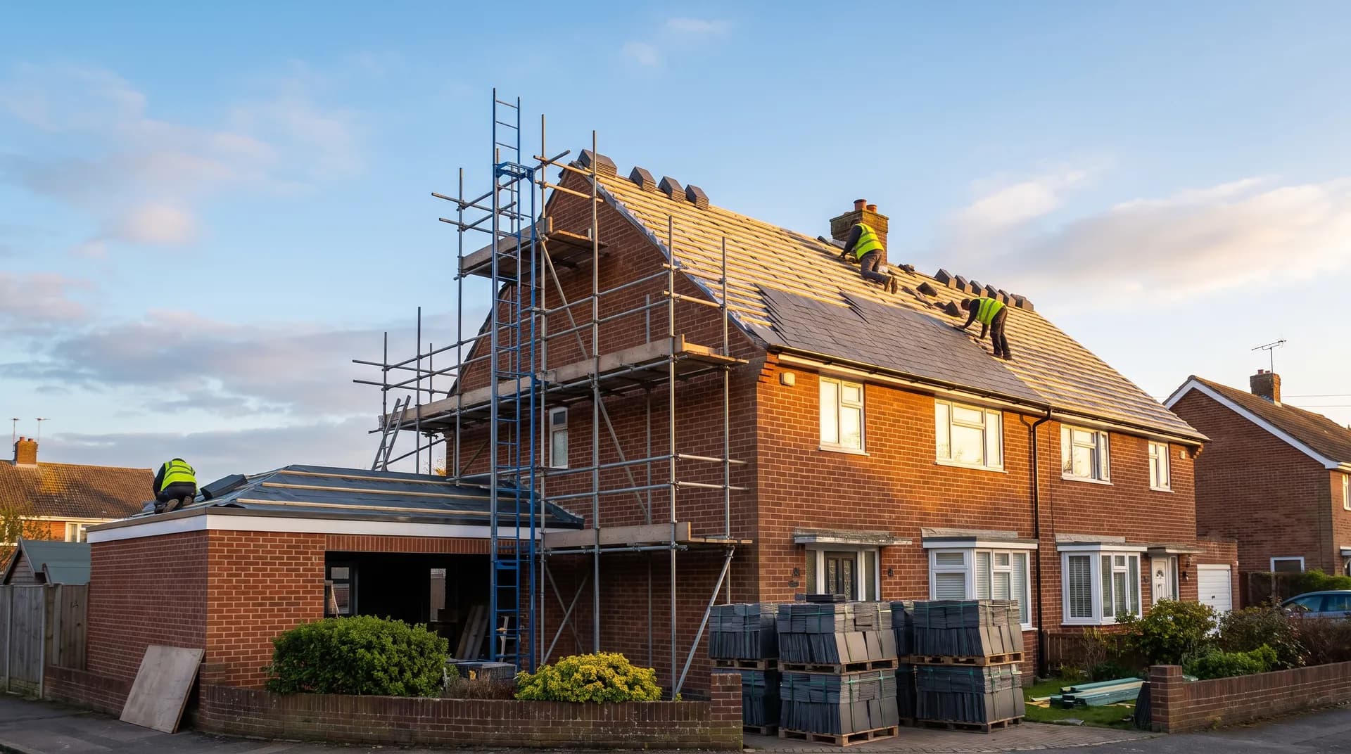 Flat roof replacement (GRP) under construction in Basingstoke showing fresh brickwork and stacked cement bags on site