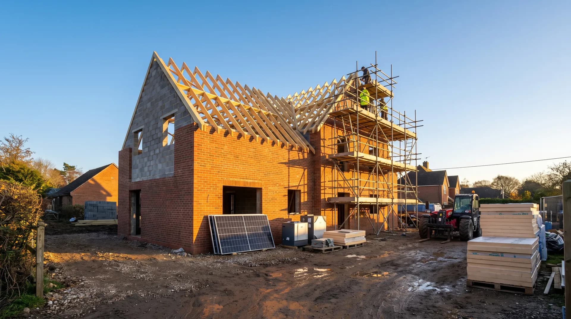 Bespoke self-build under construction in Farnborough showing brickwork and large gable window