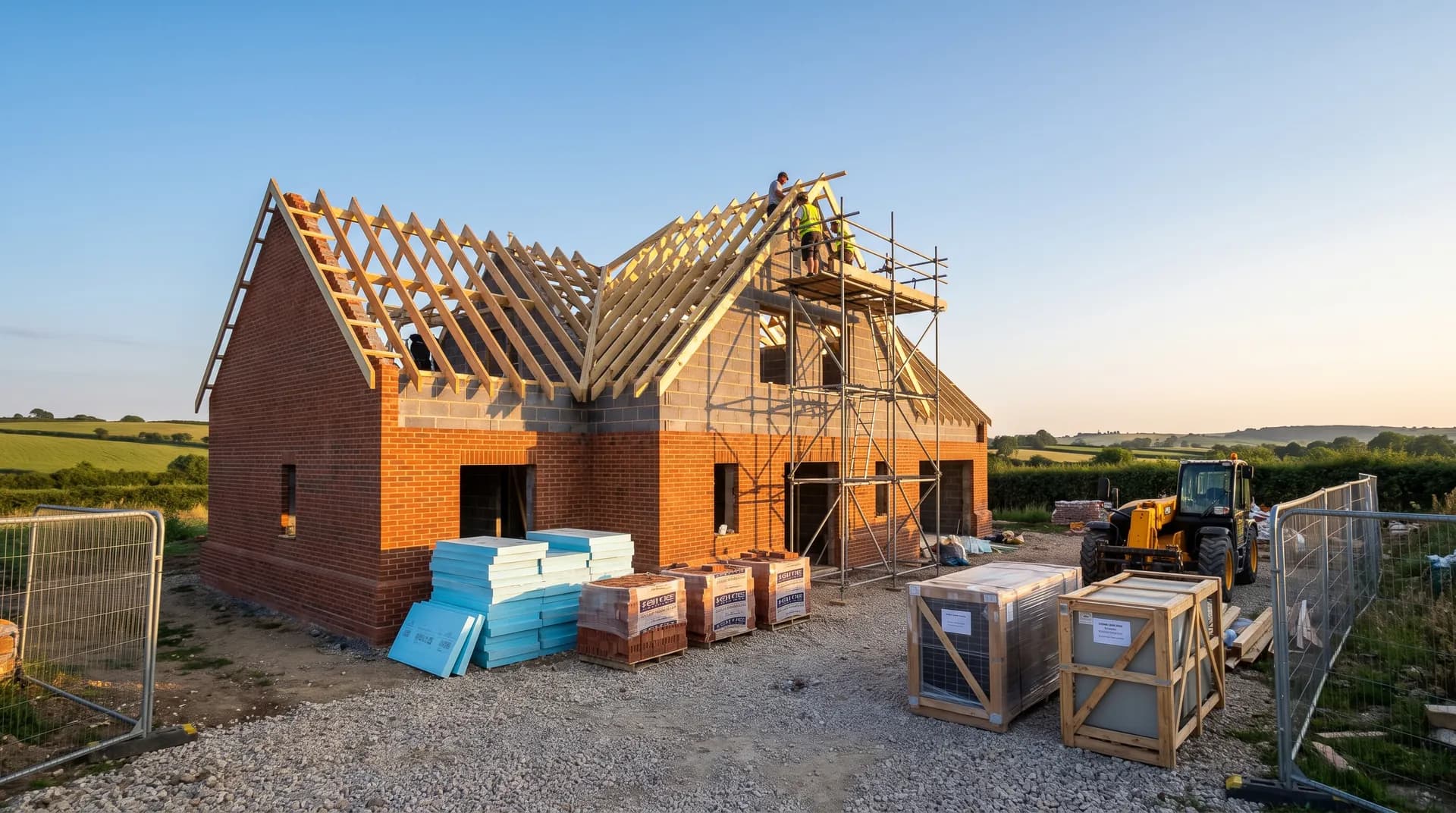 Self-build eco-home under construction in Hungerford showing fresh brickwork and stacked cement bags on site