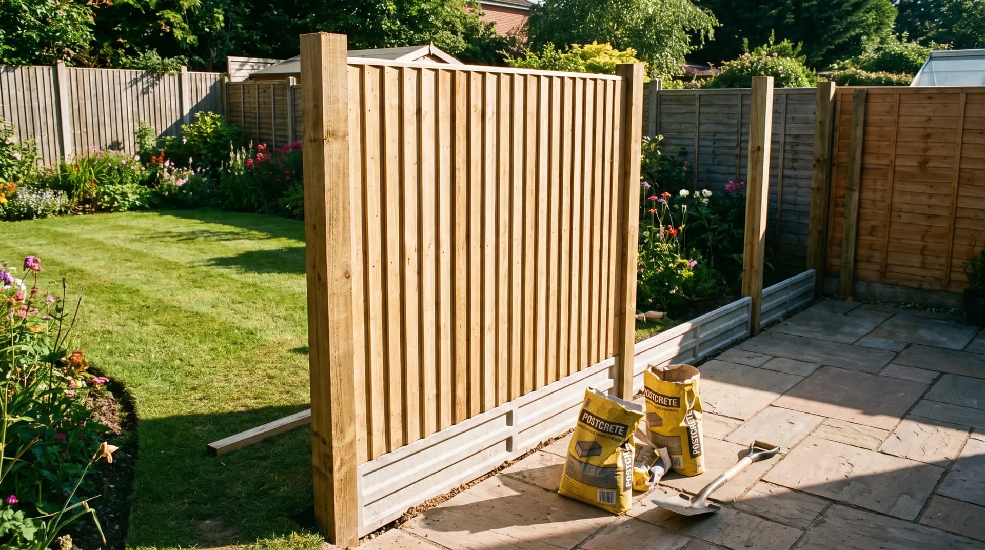 Close-boarded timber fence panel being fitted between concrete posts in a sunny UK back garden with gravel board at the base and postcrete bags on the patio