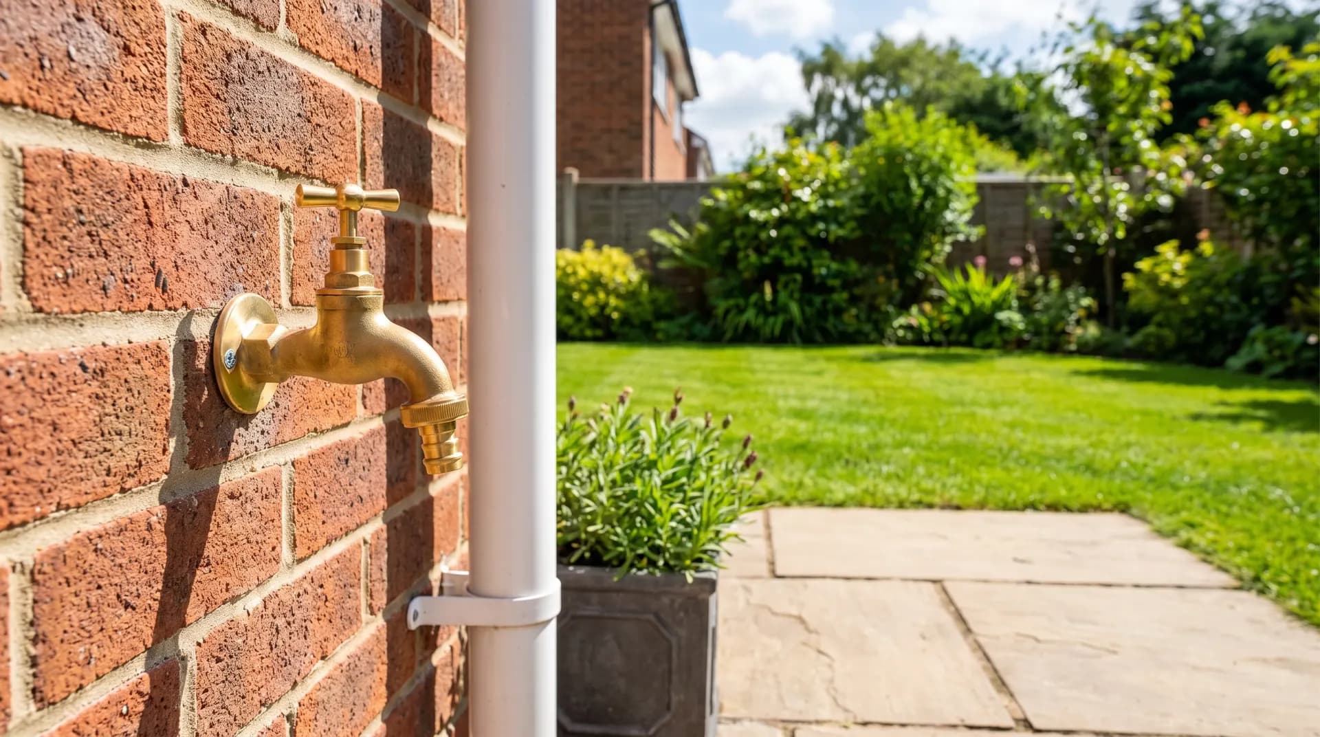 New brass outdoor tap fitted to the outside brick wall of a UK house with white downpipe beside and sunny garden below
