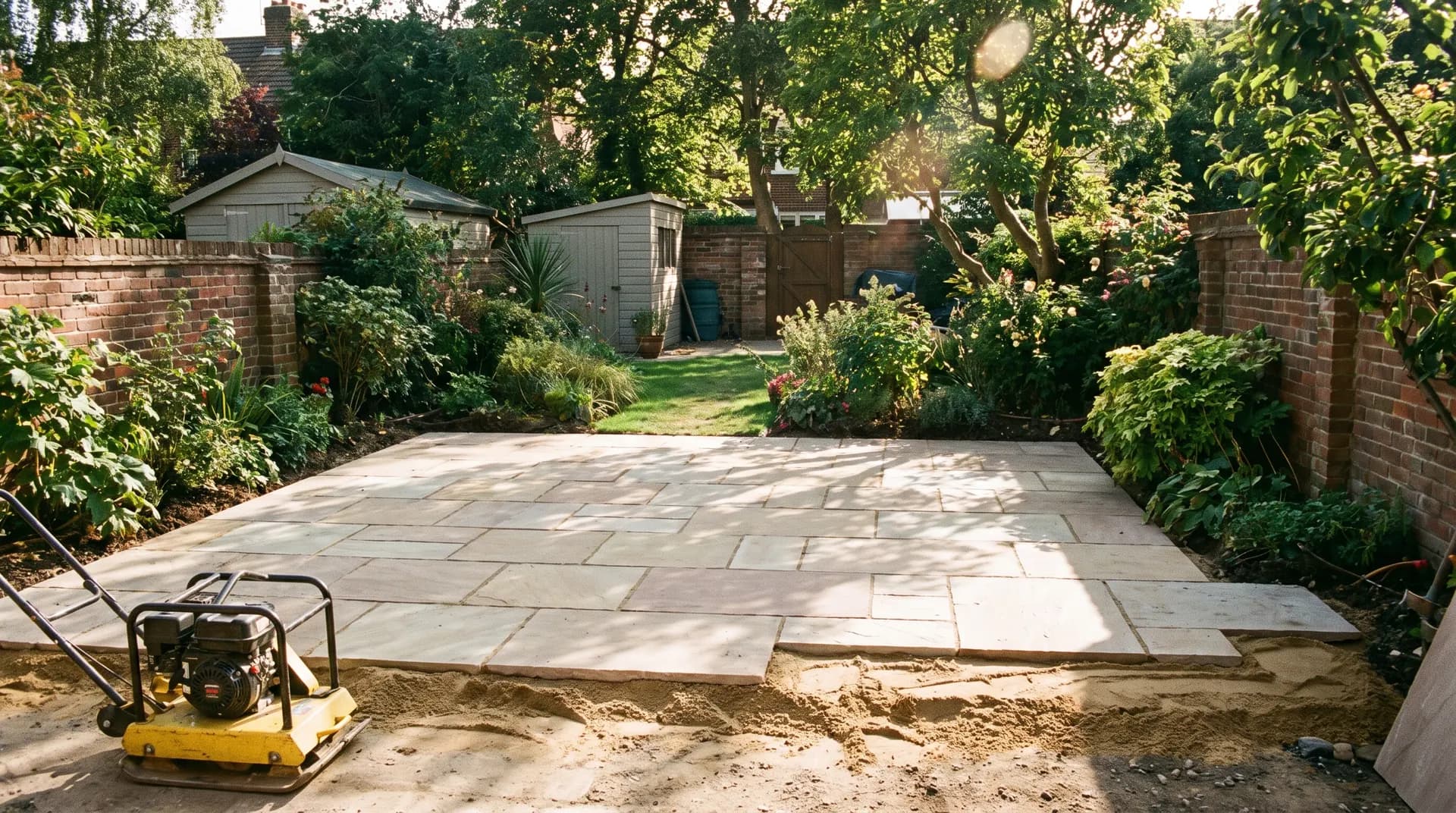 Freshly laid natural stone patio slabs in a typical English back garden with yellow plate compactor in the foreground and sharp sand bedding visible at the leading edge