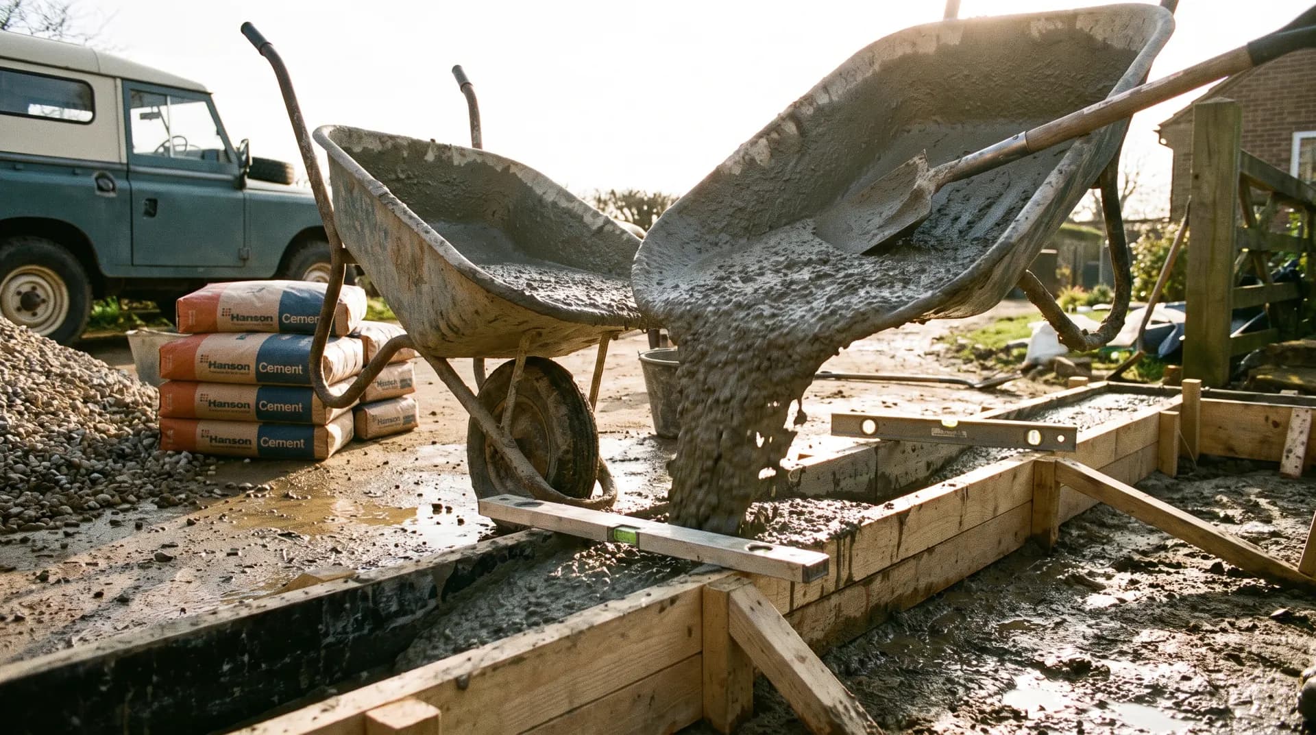 Wet ready-mix concrete pouring from a wheelbarrow into timber formwork on a sunny UK driveway with shovel scraping the barrow