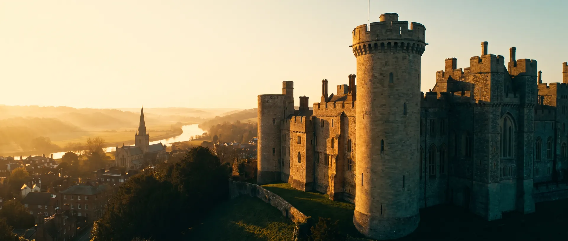 Arundel Castle at golden hour, near Ansty, West Sussex