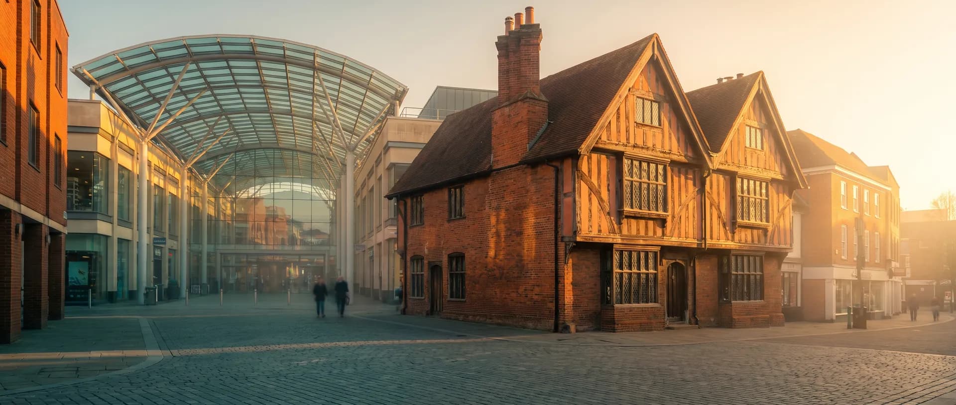 Basingstoke town centre at golden hour with the Market Place, near Basingstoke, Hampshire