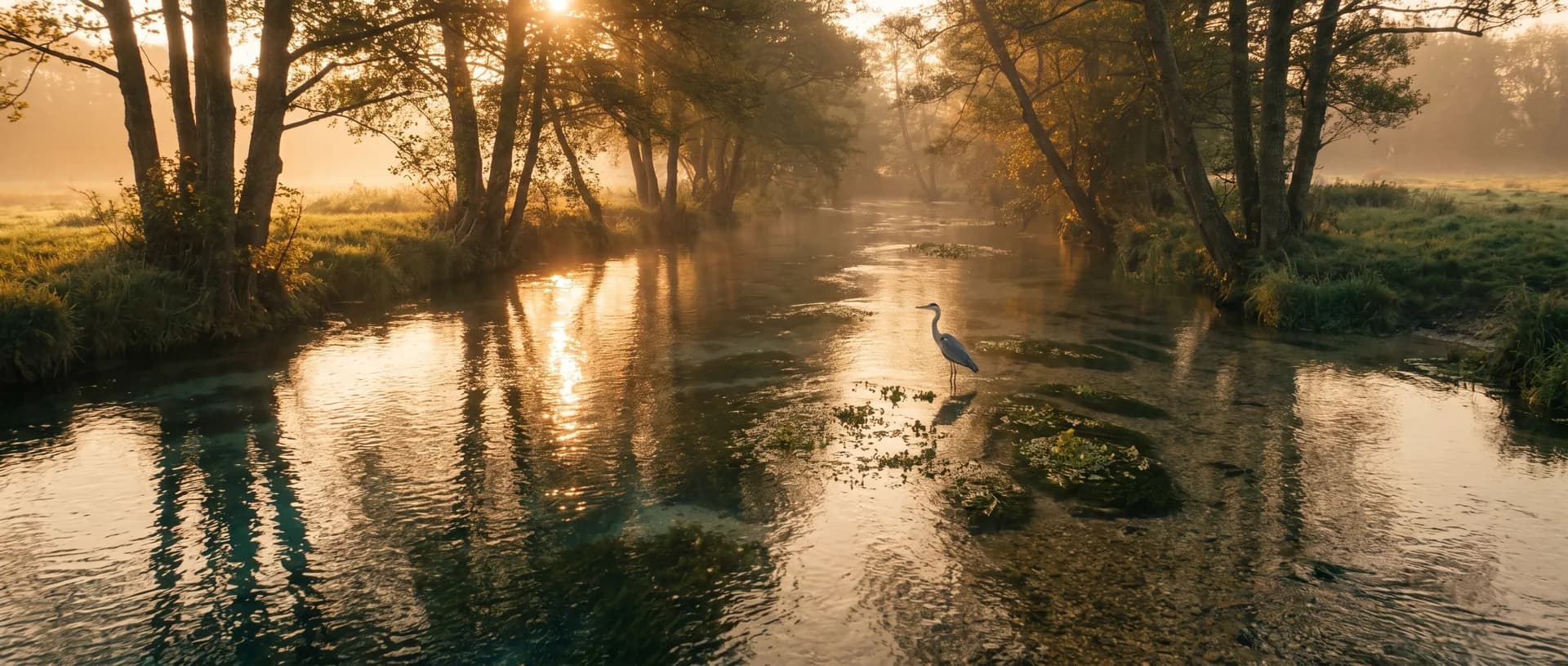Hampshire chalk stream at golden hour, near Botley, Hampshire