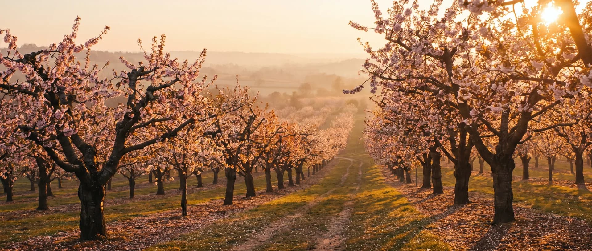 Kent cherry orchard in blossom at golden hour, near Ditton, Kent