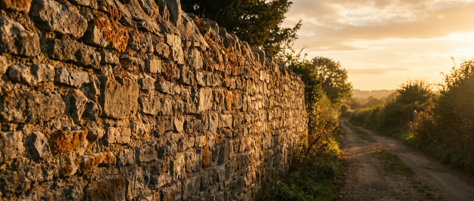 Kentish ragstone wall at golden hour, near Farningham, Kent