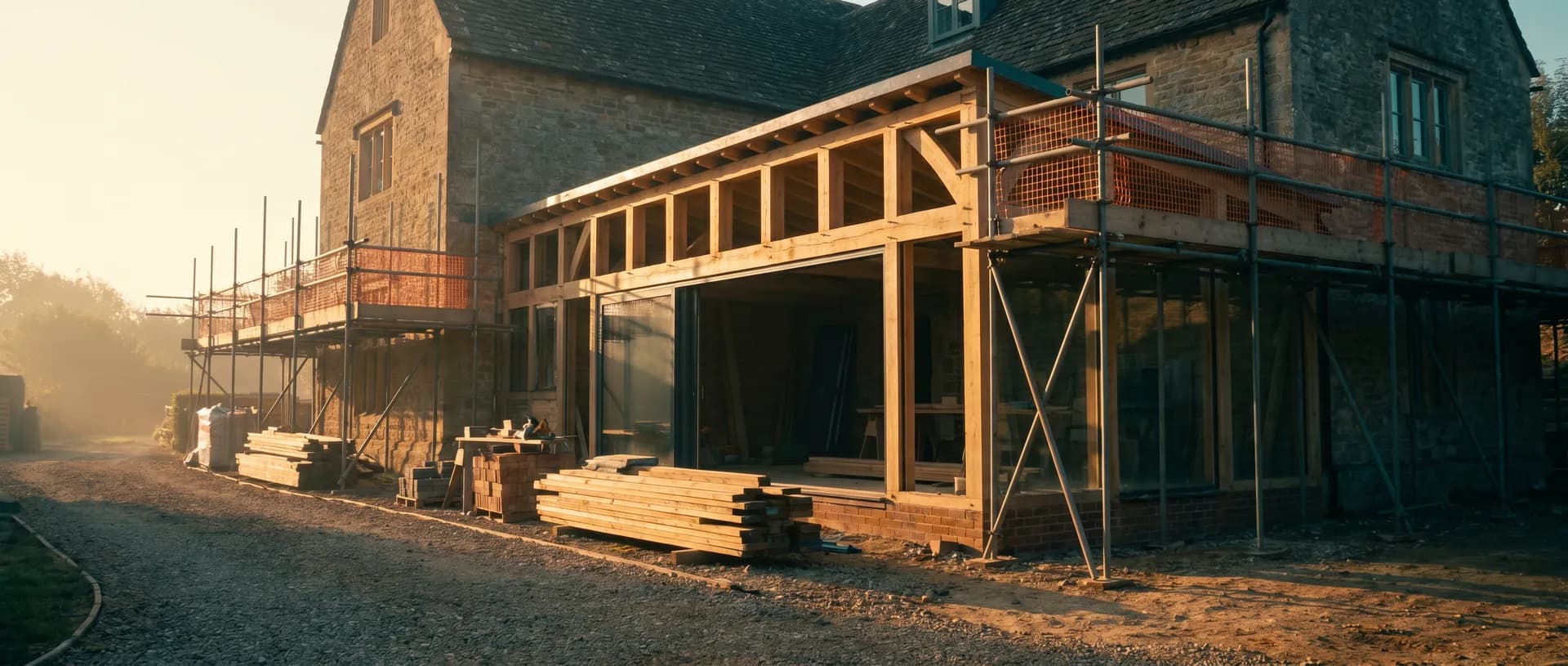 Modern extension under construction at golden hour, near Ware, Hertfordshire