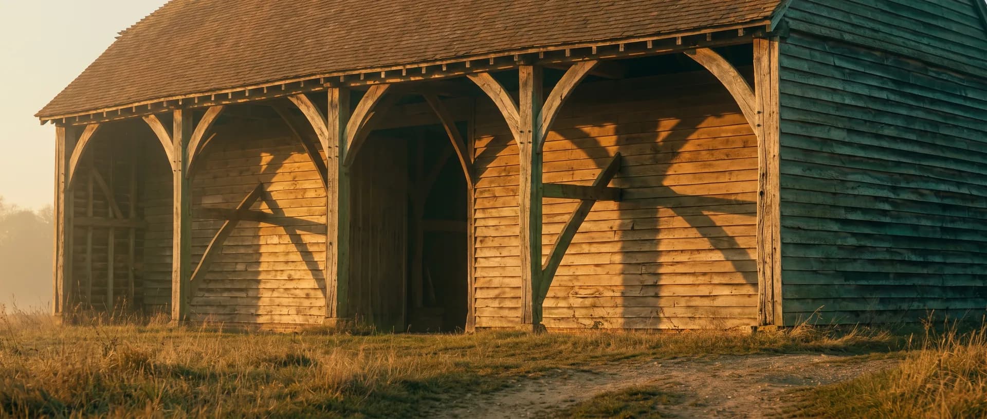 Traditional oak-frame barn at golden hour, near Arlesey, Bedfordshire