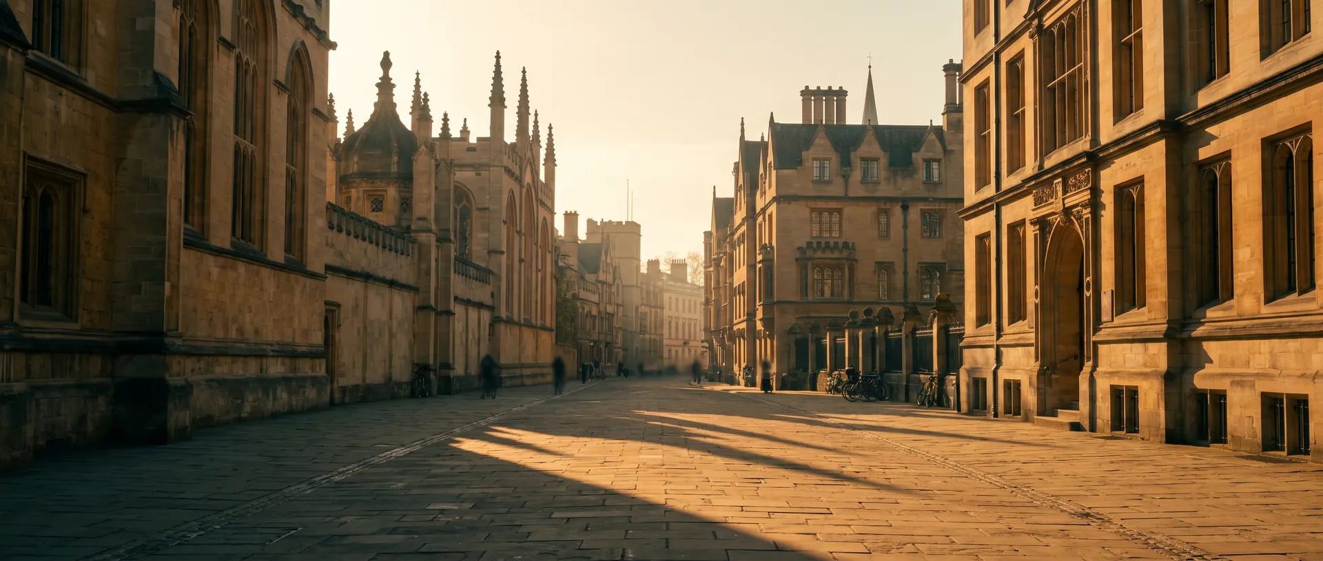 Oxford Cornmarket Street at golden hour with college spires above, near Oxford, Oxfordshire