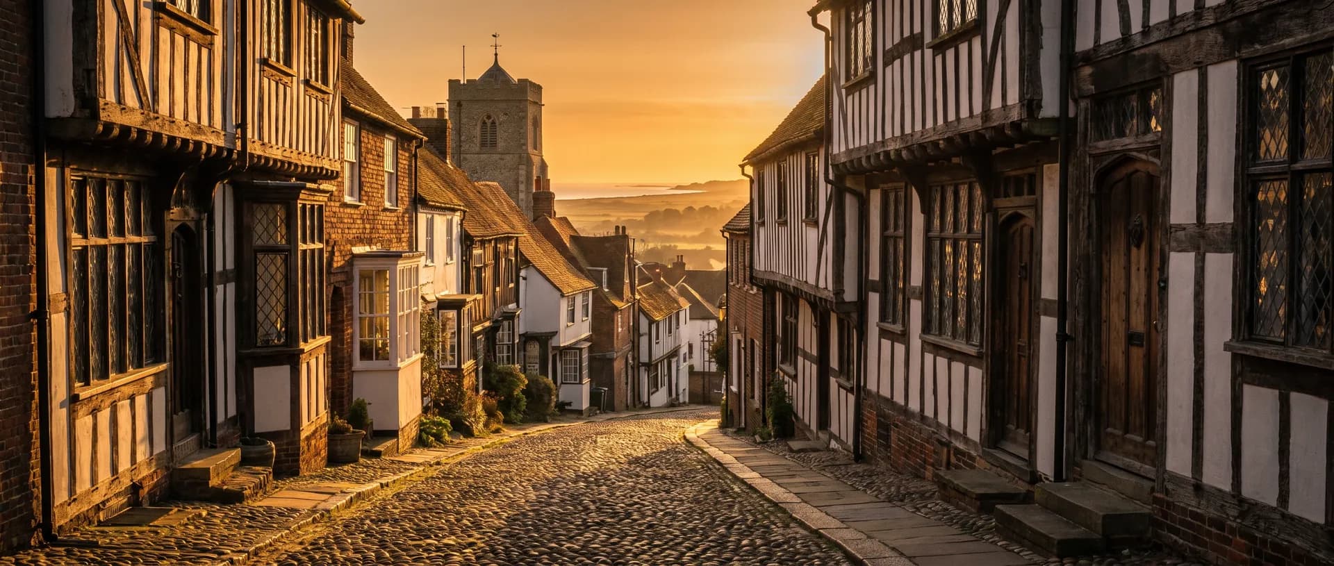 Rye cobbled streets at golden hour, near Five Ashes, East Sussex