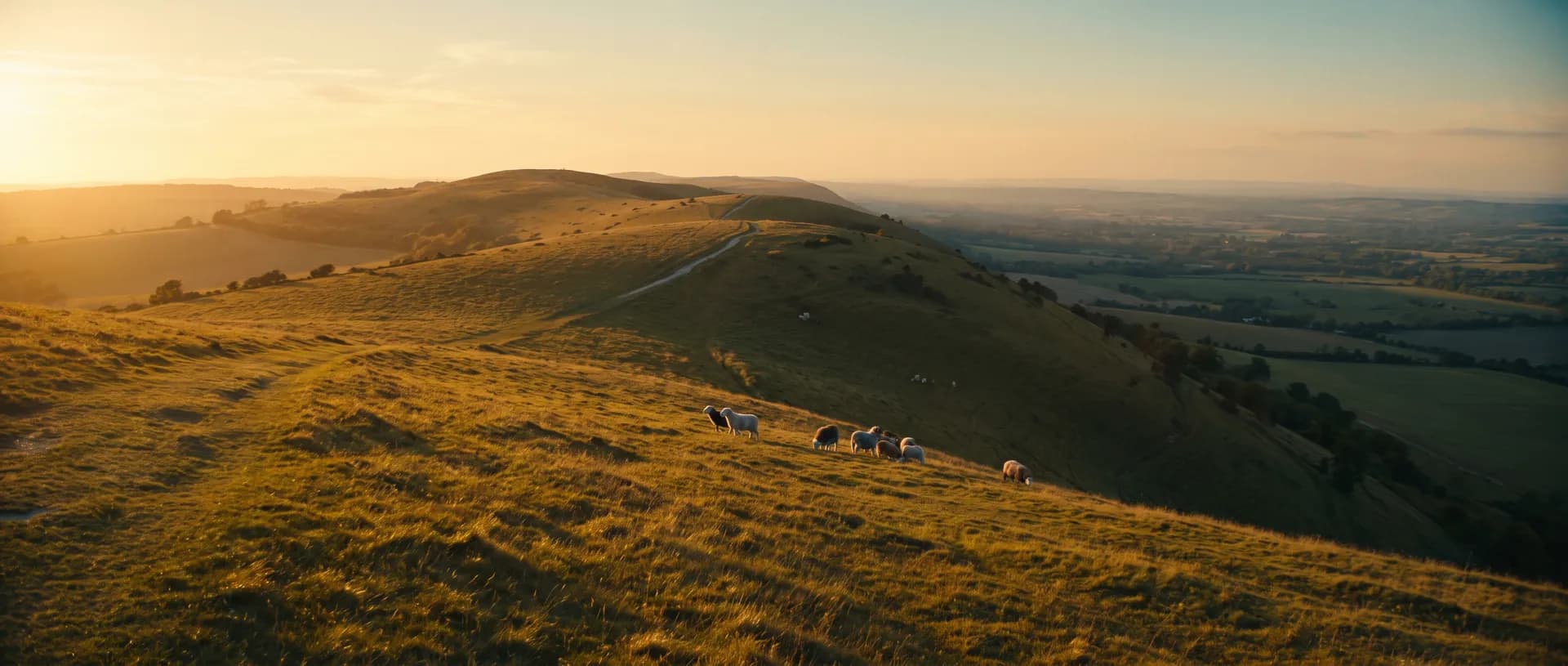 South Downs hillside with sheep at golden hour, near Duncton, West Sussex