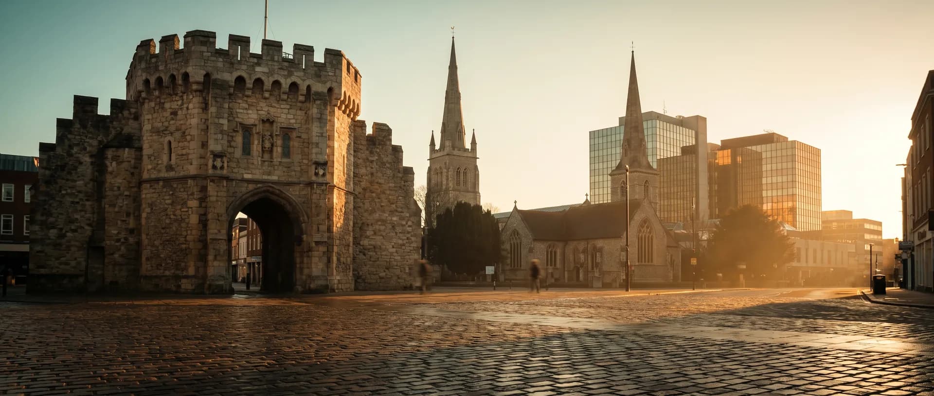 Southampton city centre at golden hour with the Bargate, near Four Marks, Hampshire