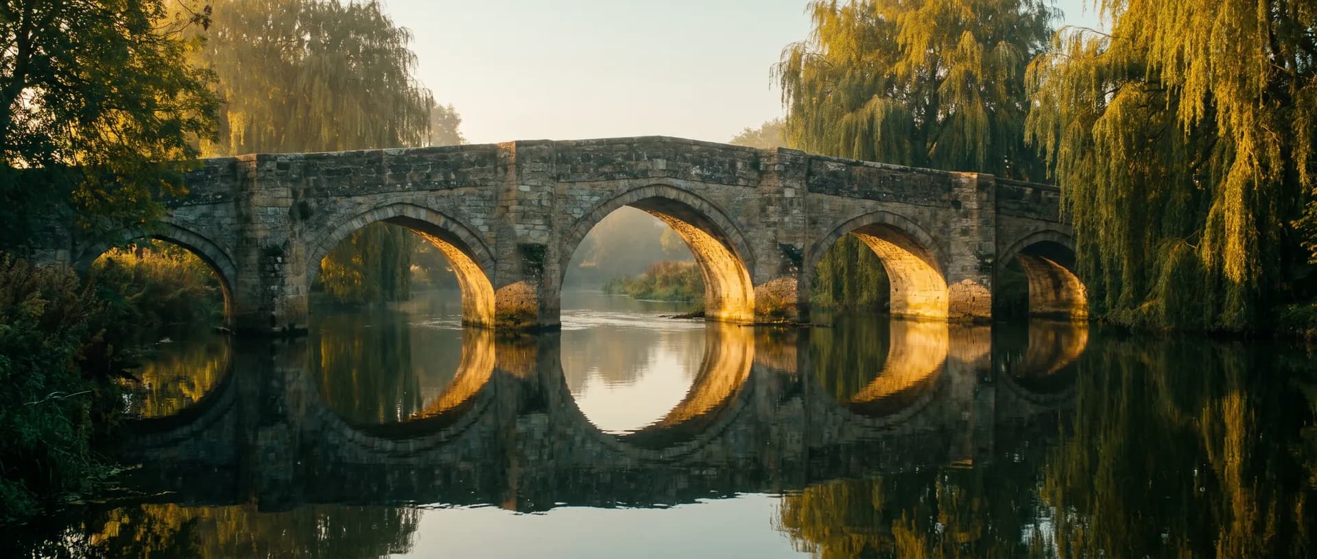 Ancient stone bridge over river at golden hour, near Iver, Buckinghamshire