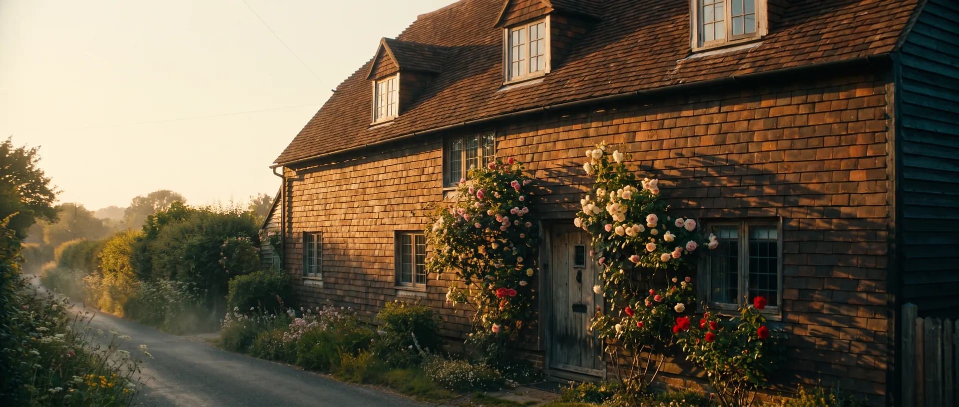 Sussex tile-hung cottage at golden hour, near Abinger, Surrey