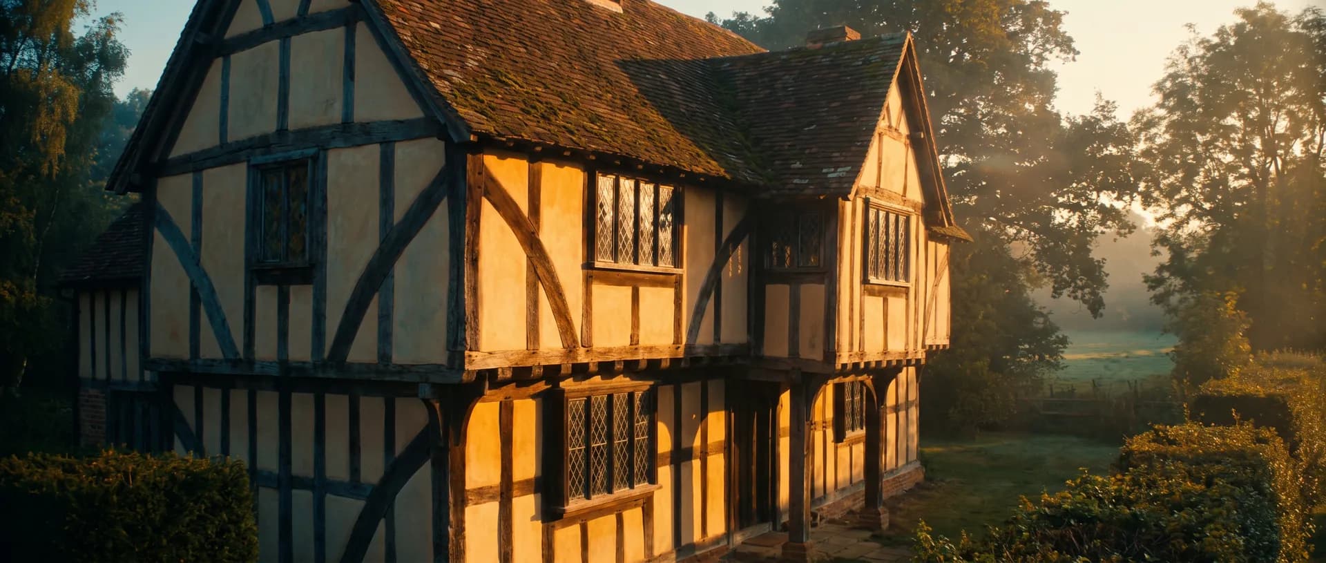 Tudor timber-frame house at golden hour, near Ash, Surrey