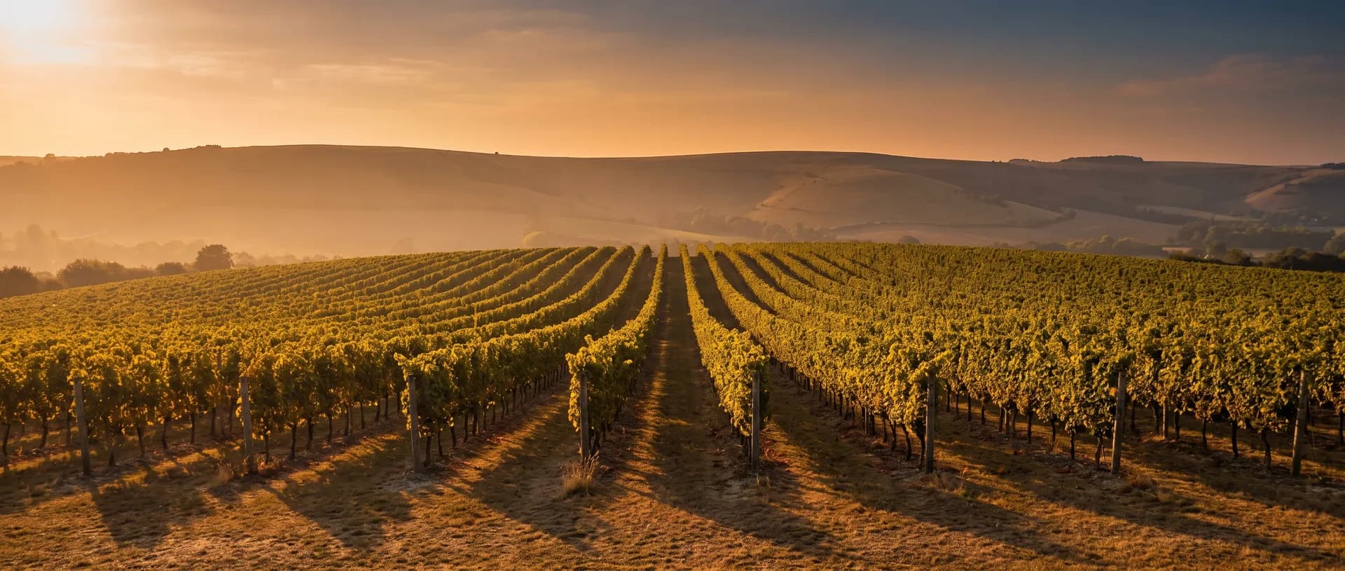 West Sussex vineyard at golden hour, near Midhurst, West Sussex