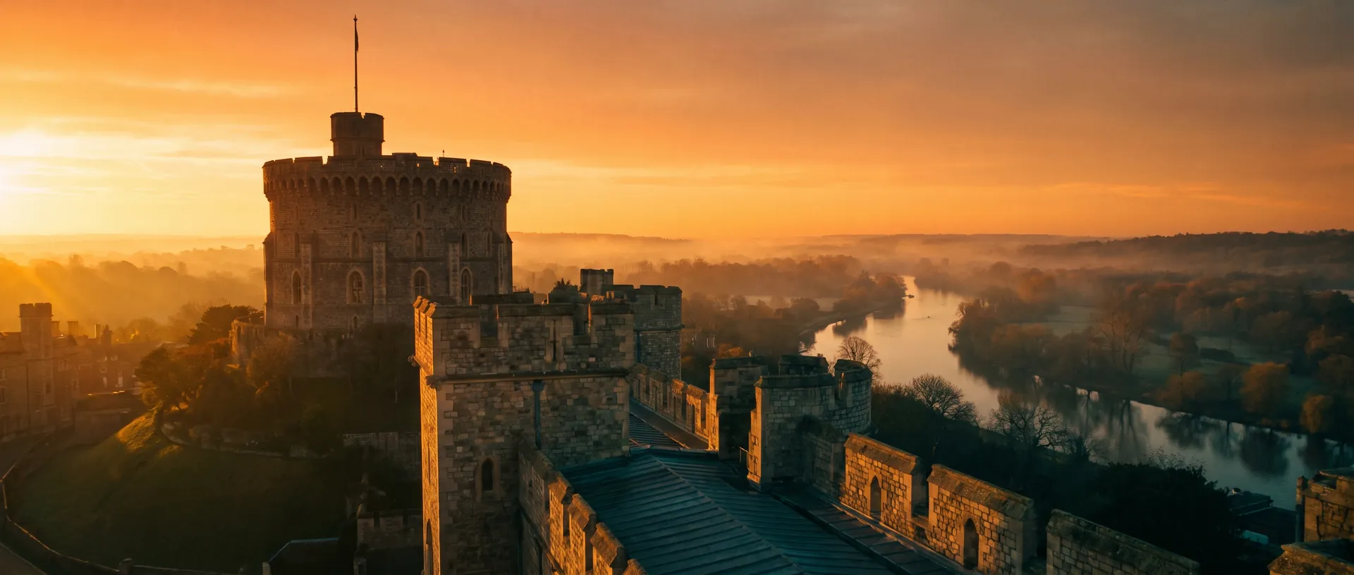Windsor Castle at golden hour, Round Tower silhouetted, near Calcot, Berkshire